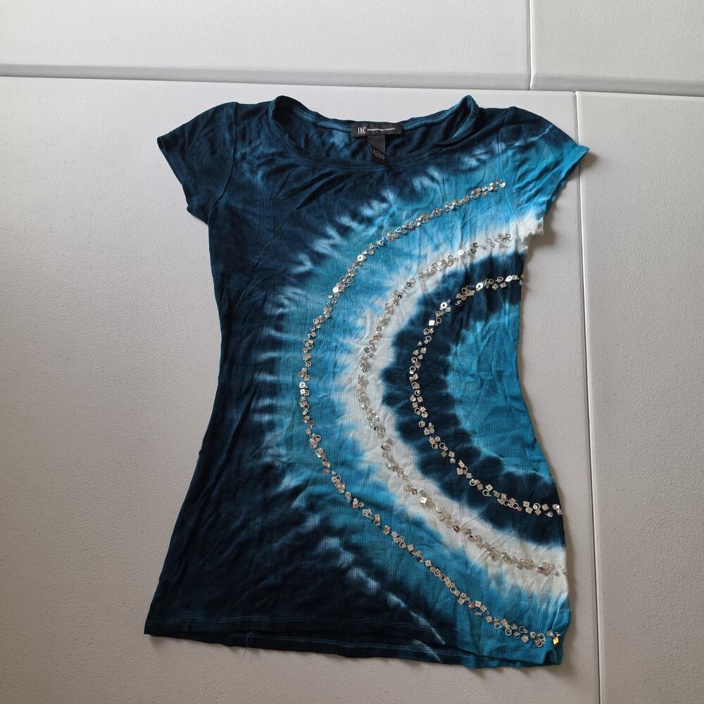 Y2K INC International Concepts Tee Shirt Womens Medium Blue Tie Dye Sequin Top